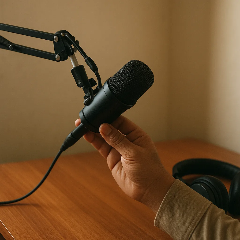 Uma mão ajustando um microfone de estúdio num braço articulado, com um fone de ouvido apoiado na mesa de madeira.